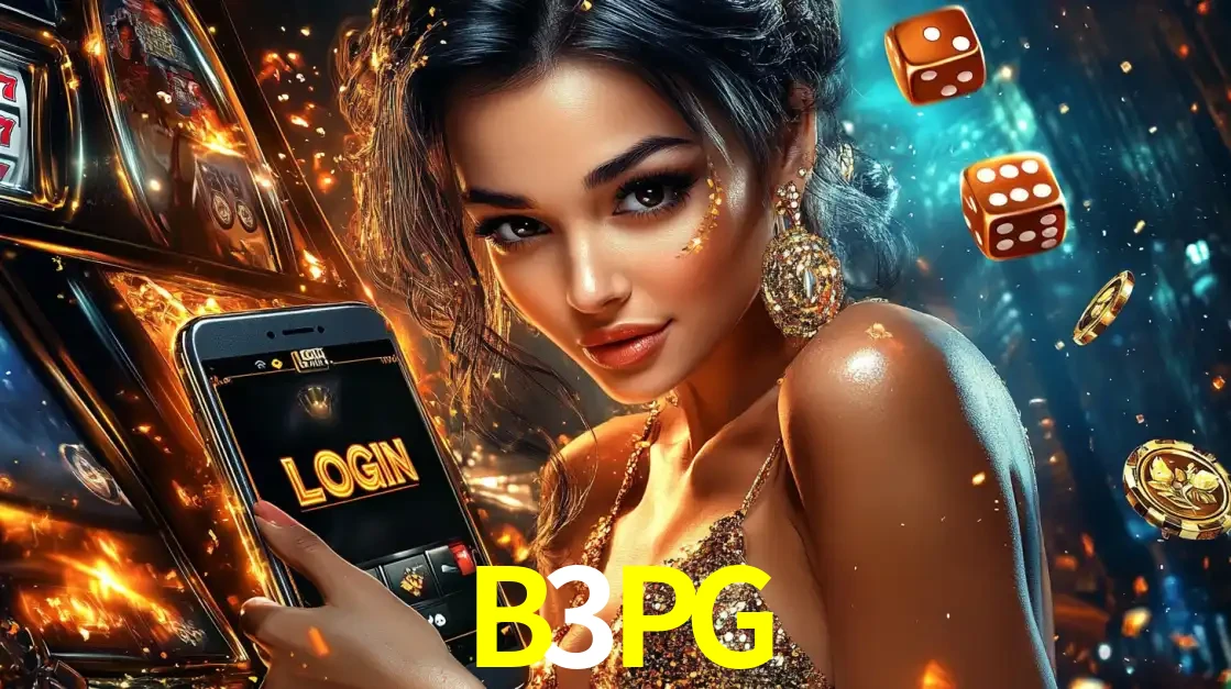 Mulher glamourosa segurando um celular com a tela de login do cassino B3PG, rodeada por dados e moedas douradas, pronta para começar a diversão.