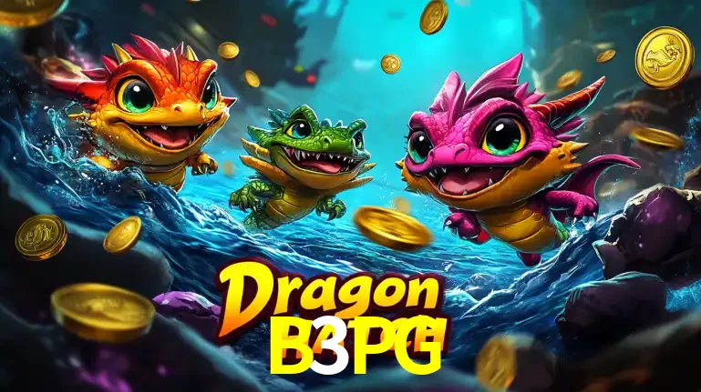 Arte promocional do jogo Dragon Hatch com três adoráveis dragões bebês nadando entre moedas de ouro, um dos slots mais divertidos para jogar no cassino B3PG.