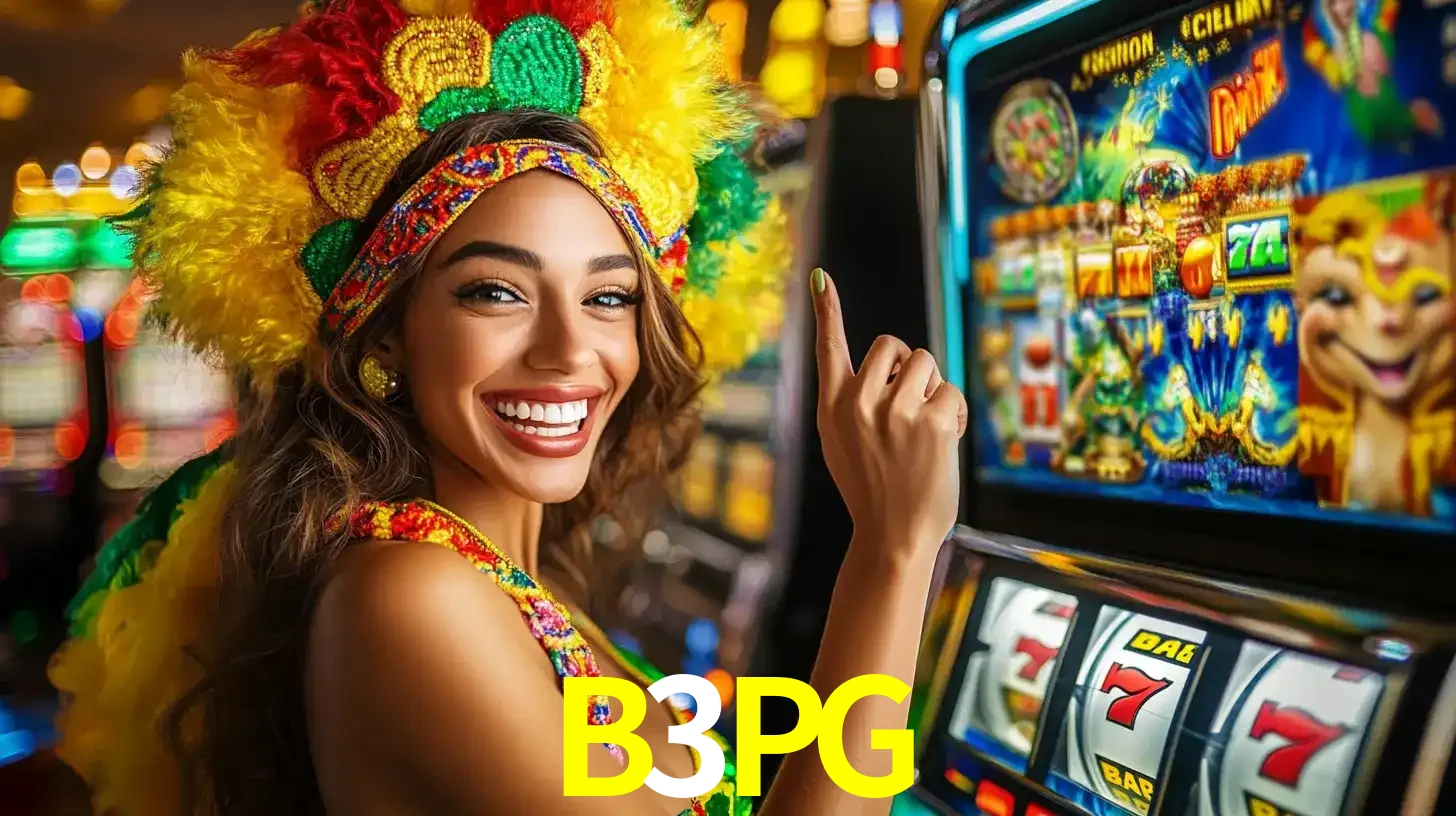 Mulher animada com um cocar de carnaval apontando para uma máquina de caça-níqueis, mostrando a emoção de ganhar um grande prêmio nos jogos do B3PG.