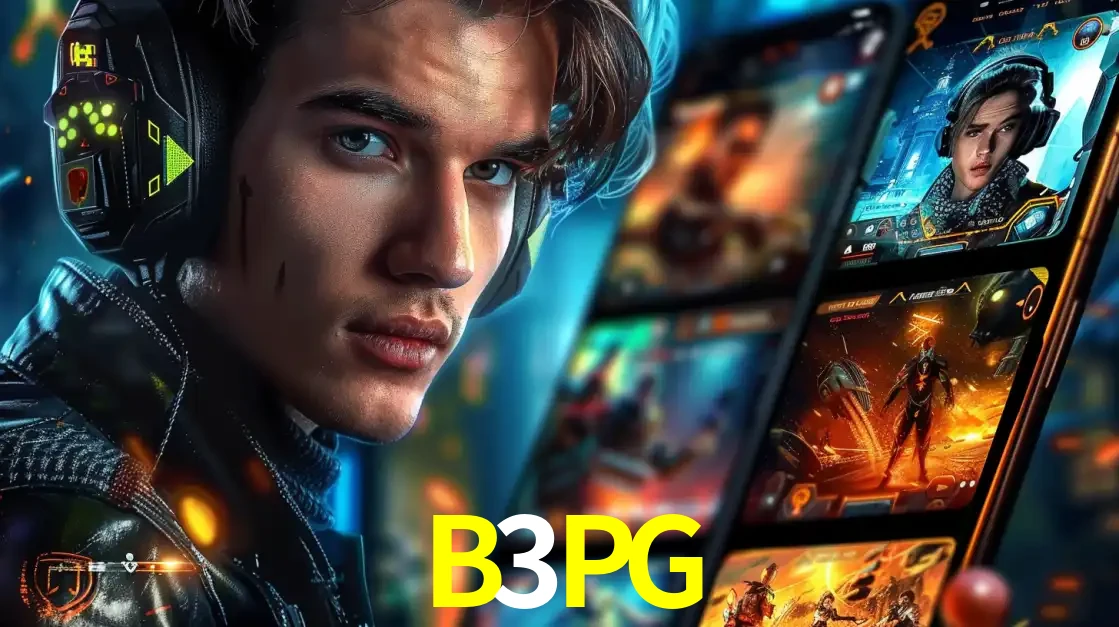 Jovem jogador com fones de ouvido olhando para a câmera, com um aplicativo de jogos e e-sports para celular ao fundo, pronto para a competição e apostas no B3PG.