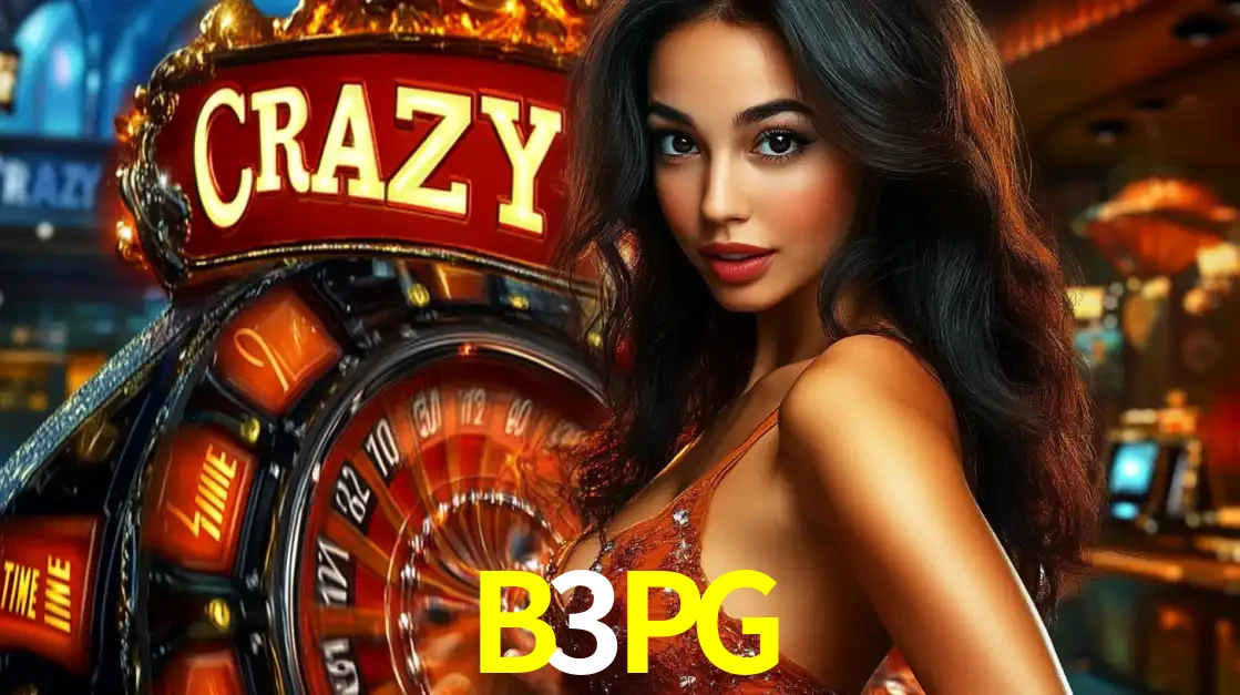 Mulher glamourosa olhando para a câmera com a roda vermelha do Crazy Time ao fundo em um ambiente de cassino, destacando a emoção dos jogos ao vivo no B3PG.