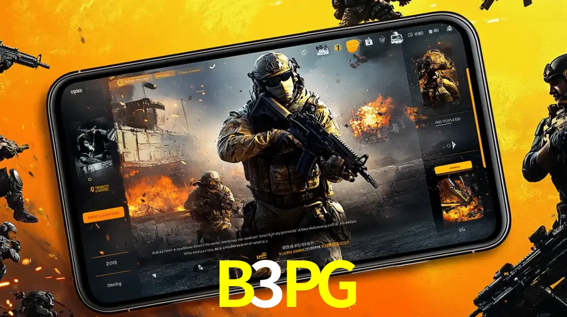 Um smartphone exibindo a interface de um jogo de tiro em primeira pessoa, com um soldado em um cenário de batalha, representando a ação dos e-sports para apostar no B3PG.