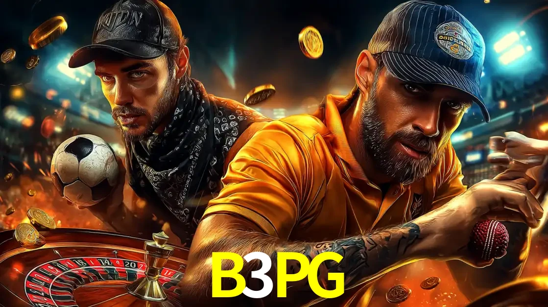 Montagem de apostas esportivas e cassino no B3PG, com um homem segurando uma bola de futebol e outro uma de beisebol sobre uma roleta e moedas voadoras.