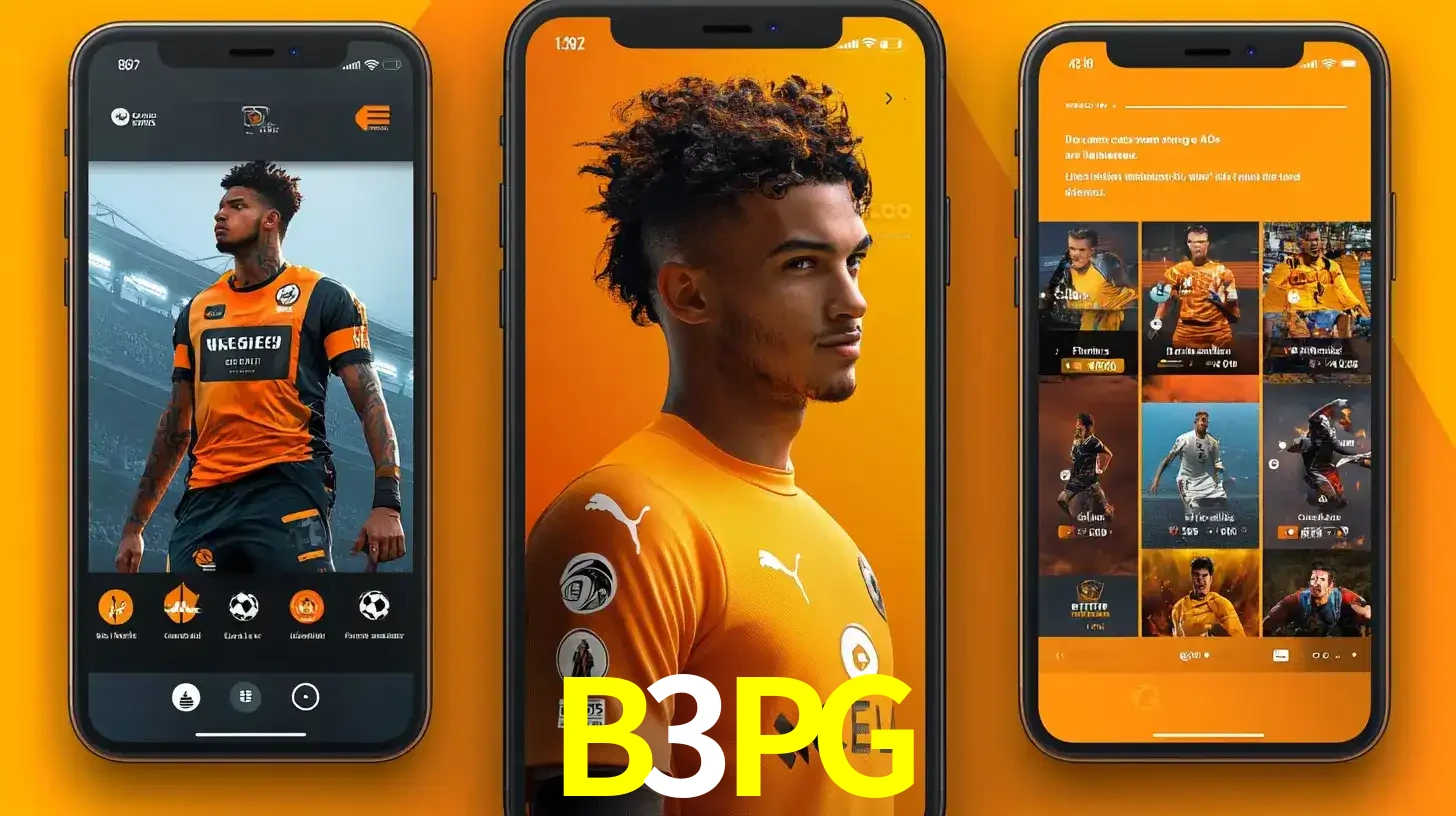 Interface do aplicativo de apostas esportivas B3PG em três telas de celular, mostrando o perfil de um jogador de futebol e a lista de jogos disponíveis para apostar.