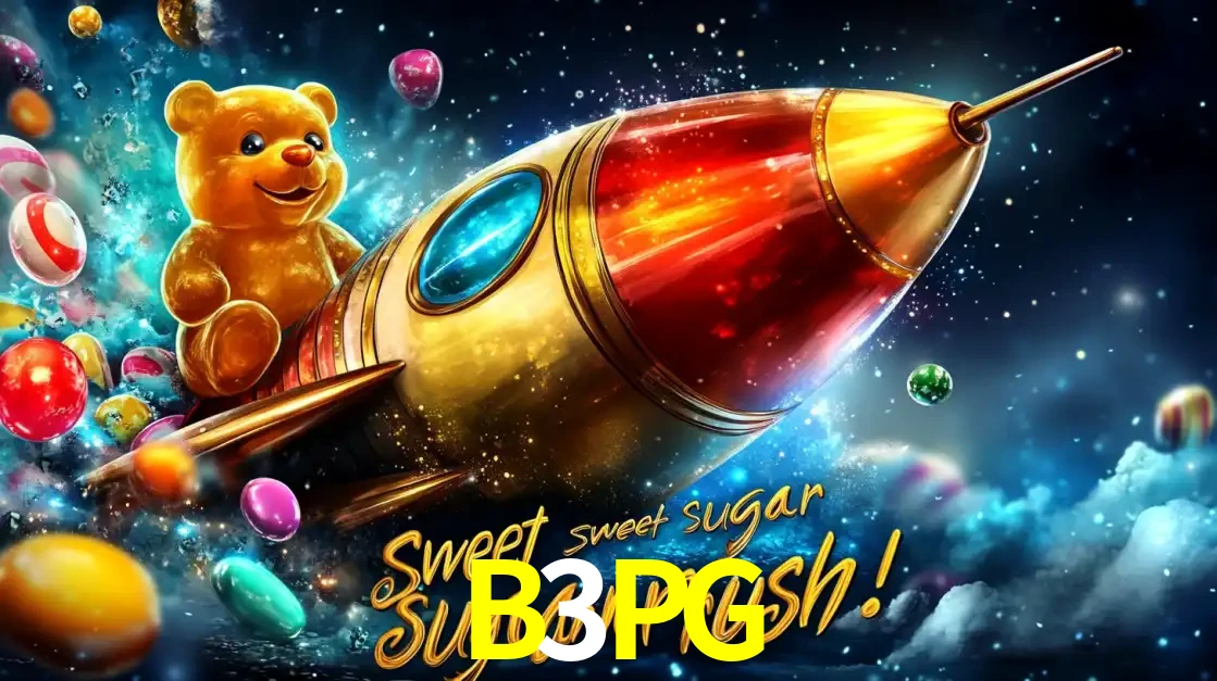Arte promocional do jogo de slot Sugar Rush, com um urso de pelúcia em um foguete viajando pelo espaço de doces, um dos jogos divertidos disponíveis no cassino B3PG.