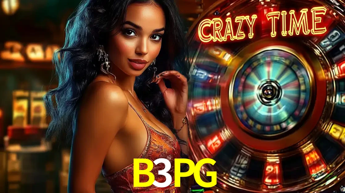 Mulher elegante ao lado da vibrante roda da fortuna do jogo de cassino ao vivo Crazy Time, um dos game shows mais populares e cheios de prêmios do B3PG.