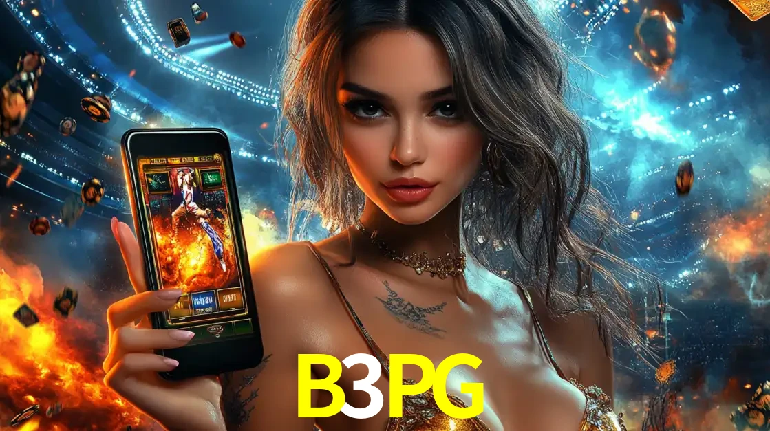 Mulher segurando um celular com um jogo de slot em destaque, tendo como fundo um estádio vibrante, simbolizando a emoção de jogar no cassino móvel B3PG.