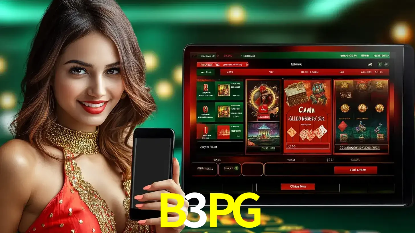 Mulher sorridente segurando um smartphone, ao lado de uma tela exibindo o lobby de jogos do cassino online B3PG, com várias opções de jogos de cartas e slots.